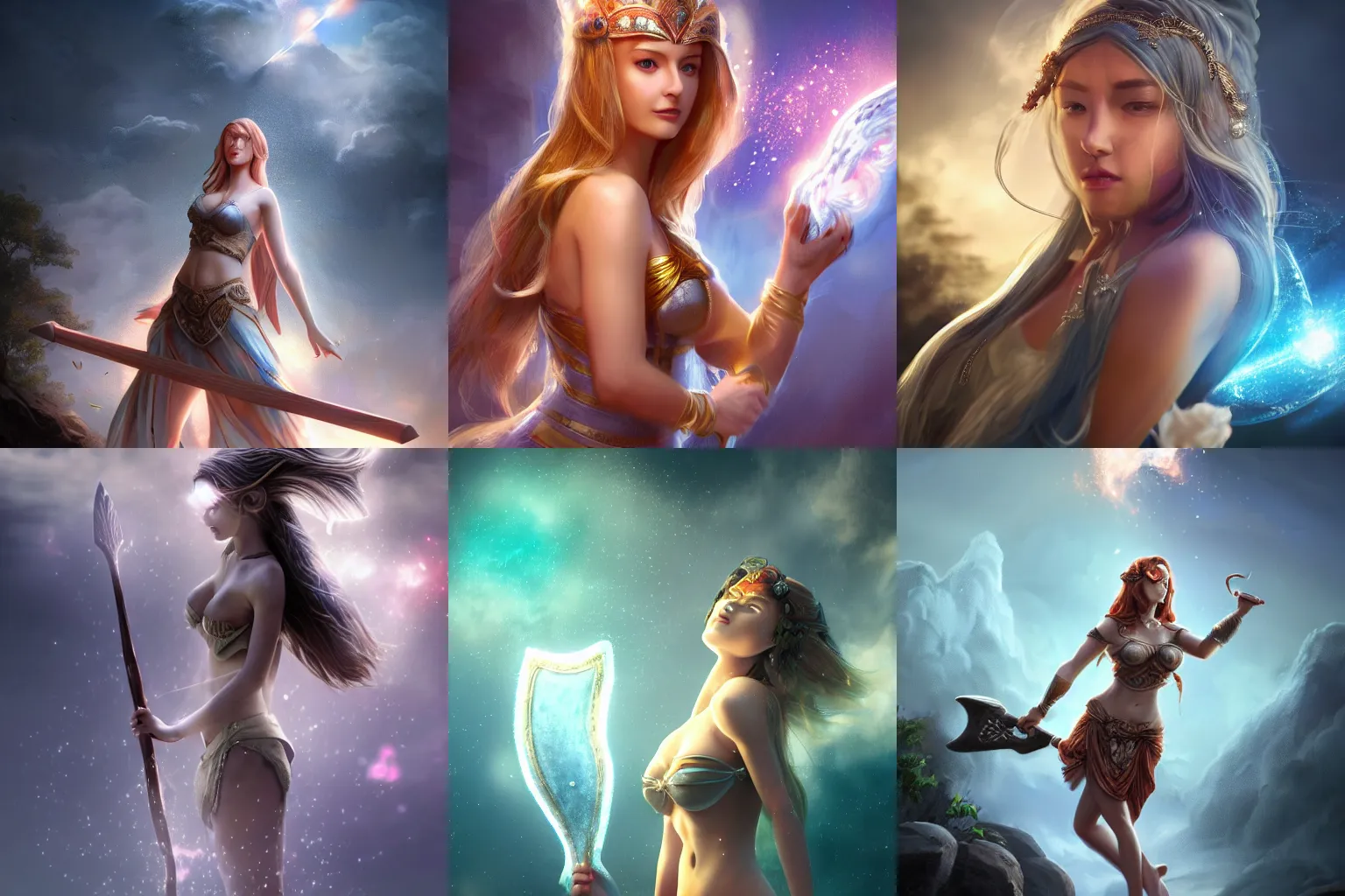 Prompt: a beautiful female goddess of axes character, character is in all its glory, character is centered on the image, character is in her natural relaxed pose, rim lights, particles and dust in the air, fancy clouds, highly detailed professional photo, dynamic lights, particles are flying, depth of field, trending on artstation, illustration, hyper realistic, vray caustics, super detailed, colorful accents, cinematic shot