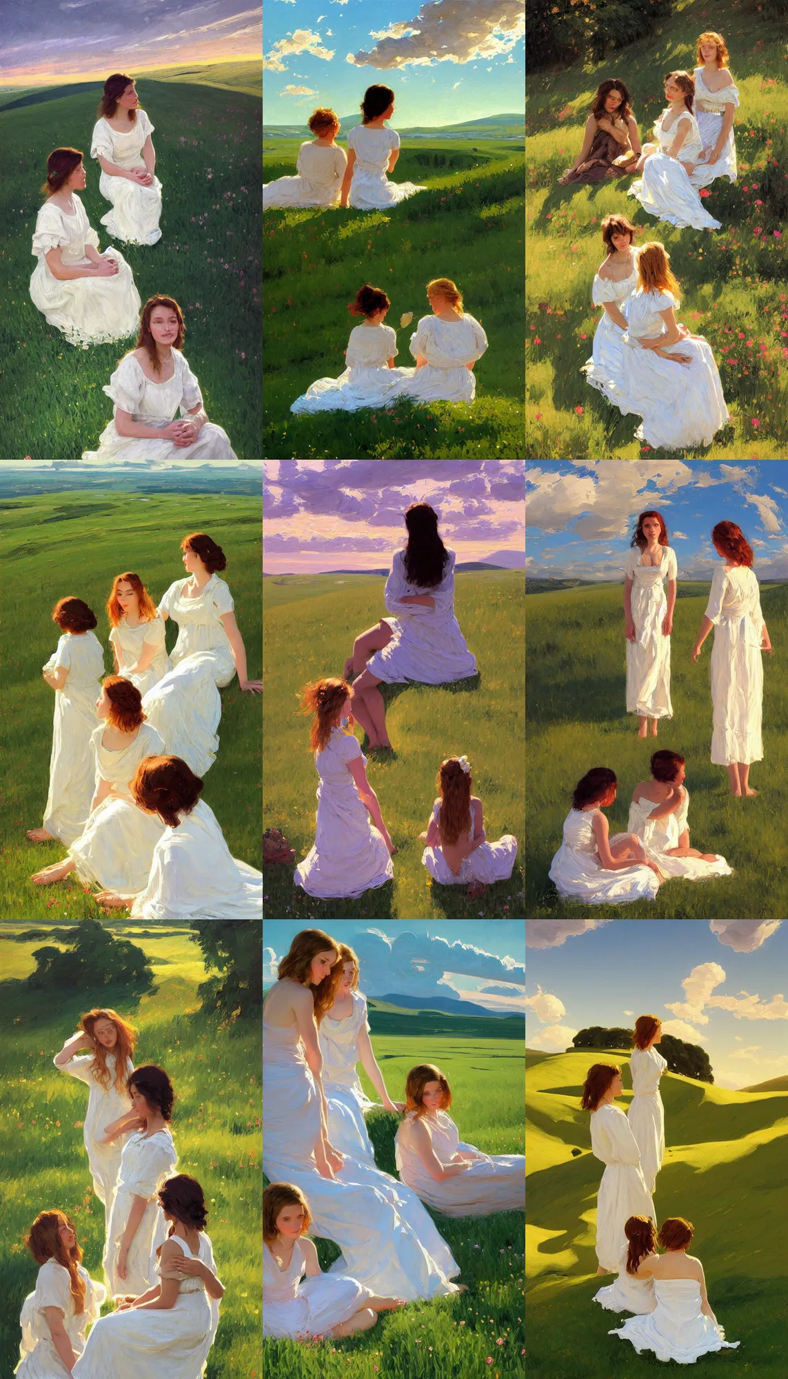 Prompt: three sitting girl in white dresses between clouds above green fields in sunset light, portrait, elegant, intricate, digital painting, artstation, concept art, smooth, sharp focus, illustration, art by ed mell and Daniel F. Gerhartz and Jacek Malczewski and gustav klimt-W 896