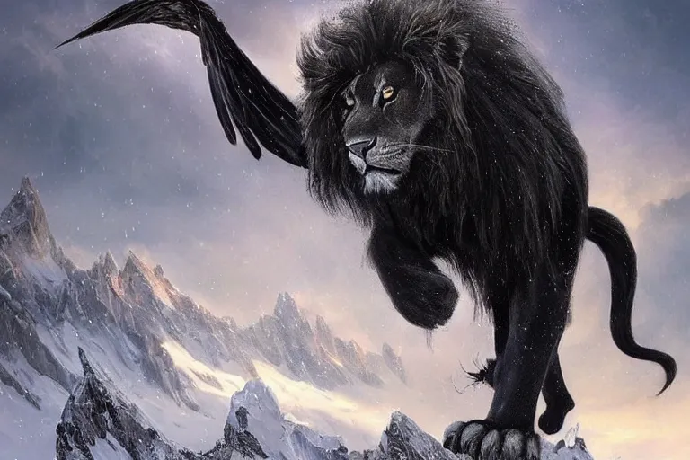 Image similar to Magnificent black lion with wings on a beautiful fantasy landscape, mountainside, winter, dusk, HD, illustration, epic, D&D, fantasy, intricate, elegant, highly detailed, digital painting, artstation, concept art, smooth, sharp focus, illustration, wallpaper, art by artgerm and greg rutkowski and alphonse mucha and jin xiaodi