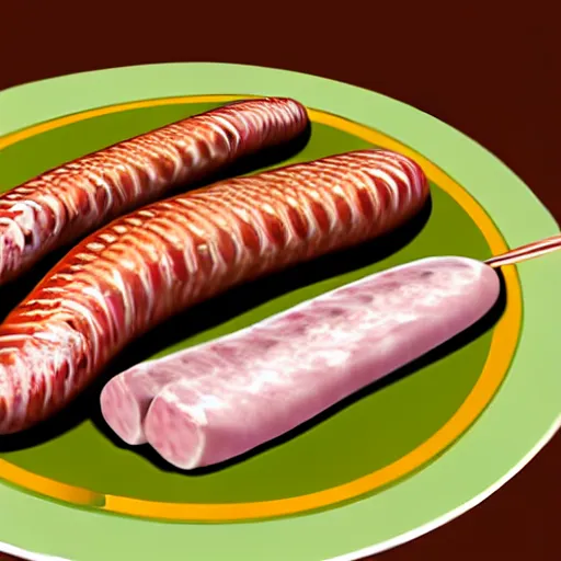 Image similar to photorealistic, half fish half sausage on a plate. sausage with the fins of a fish