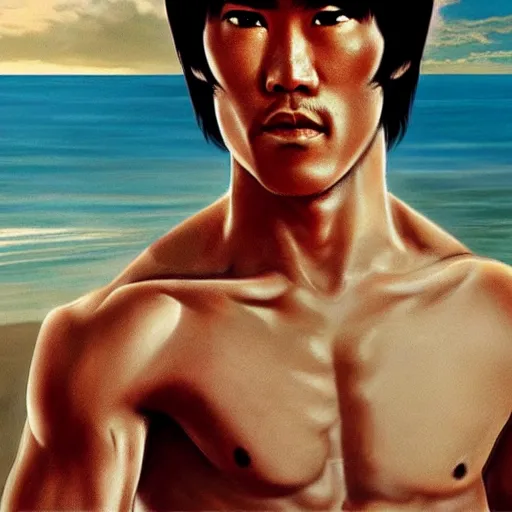 Prompt: bruce lee meditating on beach, extremely detailed, artstation, 8 k, sensual lighting, incredible art, wlop, artgerm