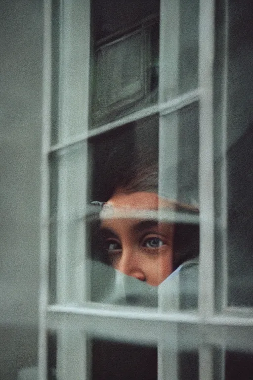 Image similar to kodak portra 4 0 0 photograph of a person looking out through their window, eyes, beautiful eyes, stunning eyes, close up, telephoto, faded effect, grain,