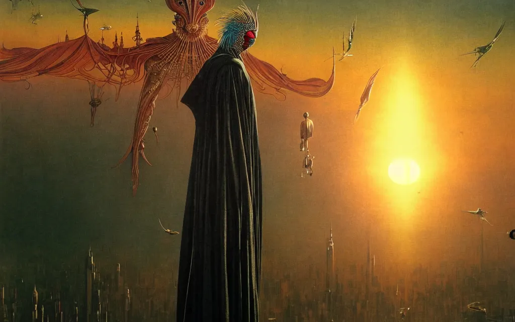 Image similar to realistic detailed portrait movie shot of a birdman wearing dark robes, futuristic city sunset landscape background by denis villeneuve, amano, yves tanguy, alphonse mucha, ernst haeckel, max ernst, roger dean, rich moody colours