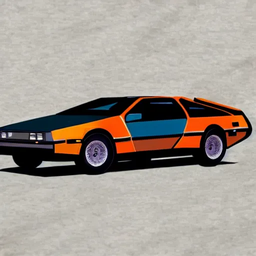 Image similar to delorean car in the 80's. Retrowave. synthwave. orange purple.