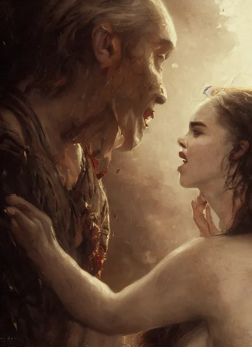 Prompt: young emilia clarke vampire, mouth open bite, staring seductively, detailed by gaston bussiere, bayard wu, greg rutkowski, giger, maxim verehin, greg rutkowski, masterpiece, sharp focus, cinematic lightning