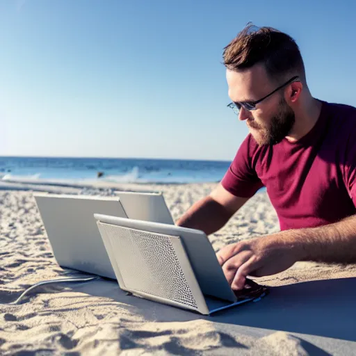 Image similar to photo of man working on laptop at beach, perfect face, fine details, 4 k, bokeh