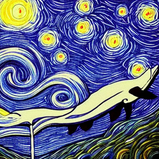 Prompt: portrait of whale swimming on a starry night sky, swimming across the universe, oniric, dreamy, beautiful,