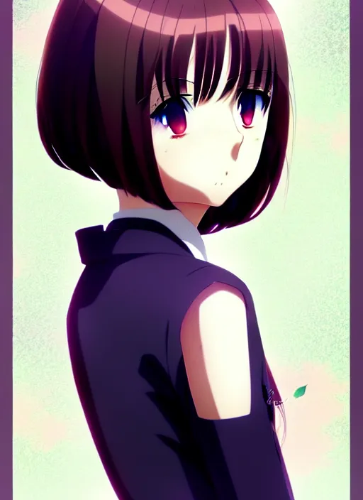 Image similar to anime portrait of a beautiful woman, medium long bob, straight bangs, wearing school uniform, ilya kuvshinov, anime, pixiv top monthly, trending on artstation, cinematic, danbooru, zerochan art, kyoto animation