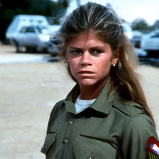 Prompt: linda hamilton in a military base, 1 9 8 7, movie still