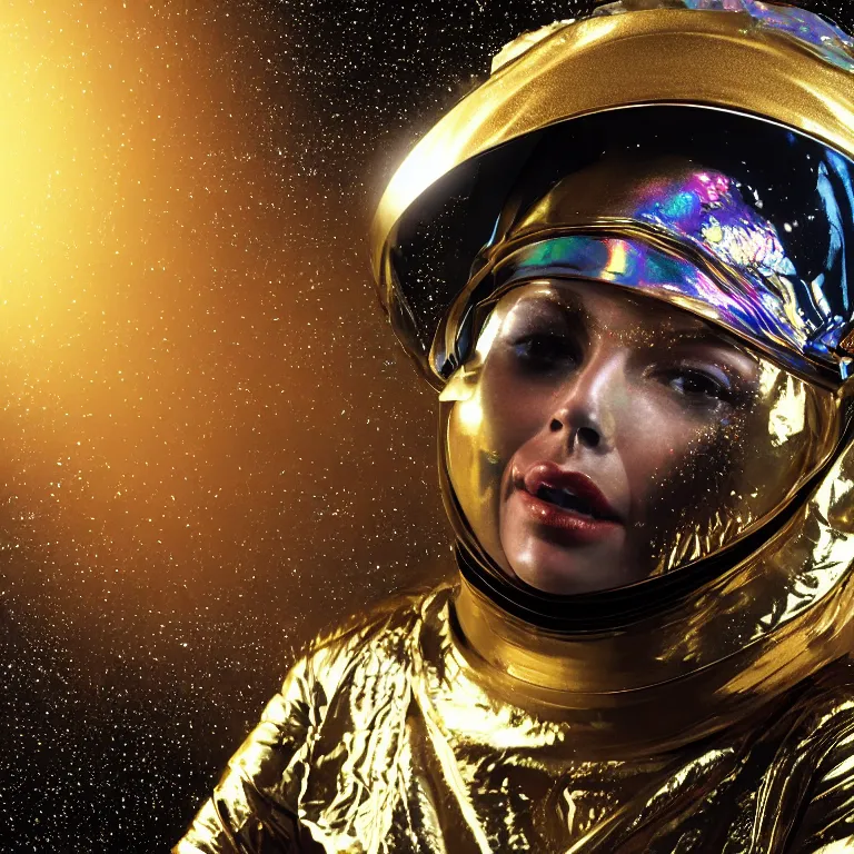 Image similar to octane render portrait by wayne barlow and carlo crivelli and glenn fabry, subject is a woman covered in colorful aluminum foil space suit with an iridescent metallic space helmet visor, floating inside a futuristic black and gold space station, cinema 4 d, ray traced lighting, very short depth of field, bokeh