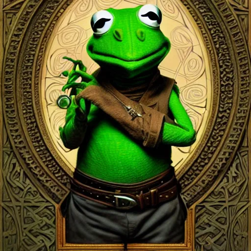 Image similar to full portrait of kermit the frog in the matrix, fantasy, d & d, intricate, detailed, by by alphonse mucha, adolfo hohenstein, alice russell glenny, stanley artgerm lau, greg rutkowski, detailed, trending on artstation, trending on artstation, smooth