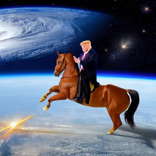 Image similar to donald trump riding a horse in space, hd photo