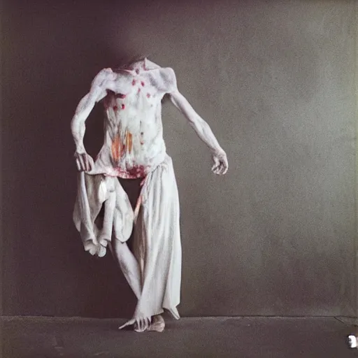 Image similar to realistic expired kodak film photograph of strange butoh dancer with creature, hyperrealism, hypermaximalism, photorealistic, detailed, atmospheric, 8 k, award winning photography, cinematic