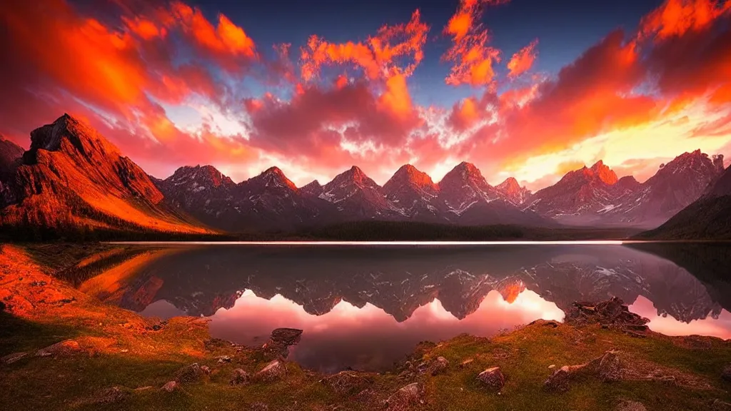 Image similar to amazing landscape photo of mountains with lake in sunset by marc adamus, beautiful dramatic lighting