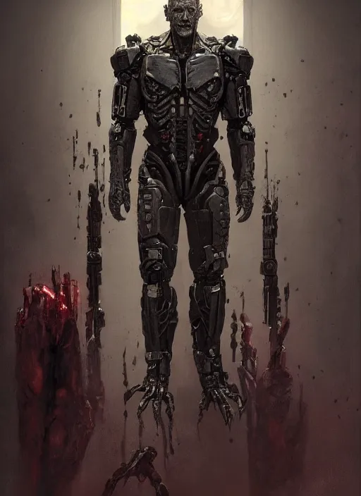 Prompt: robert englund as victor stone, full body concept, cyborg, borg, strogg, face of a man, terminator, flesh, quake strogg, doom demon, wolfenstein, monstrous, powerful, symmetry, symmetrical, concept art by ruan jia and greg rutkowski