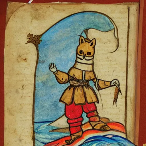 Image similar to anthropomorphic fox who is a medieval knight standing steadfast towards a stormy ocean, illuminated manuscript