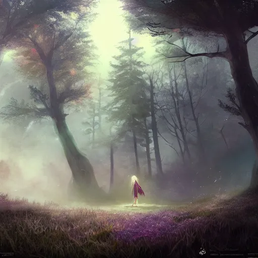 Prompt: girl looks at the space, d & d, fantasy, mist, space in background, trees, hyper detailed, midium shot, 8 k realistic, cryengine, digital painting, trending on artstation, concept art, sharp focus, illustration,