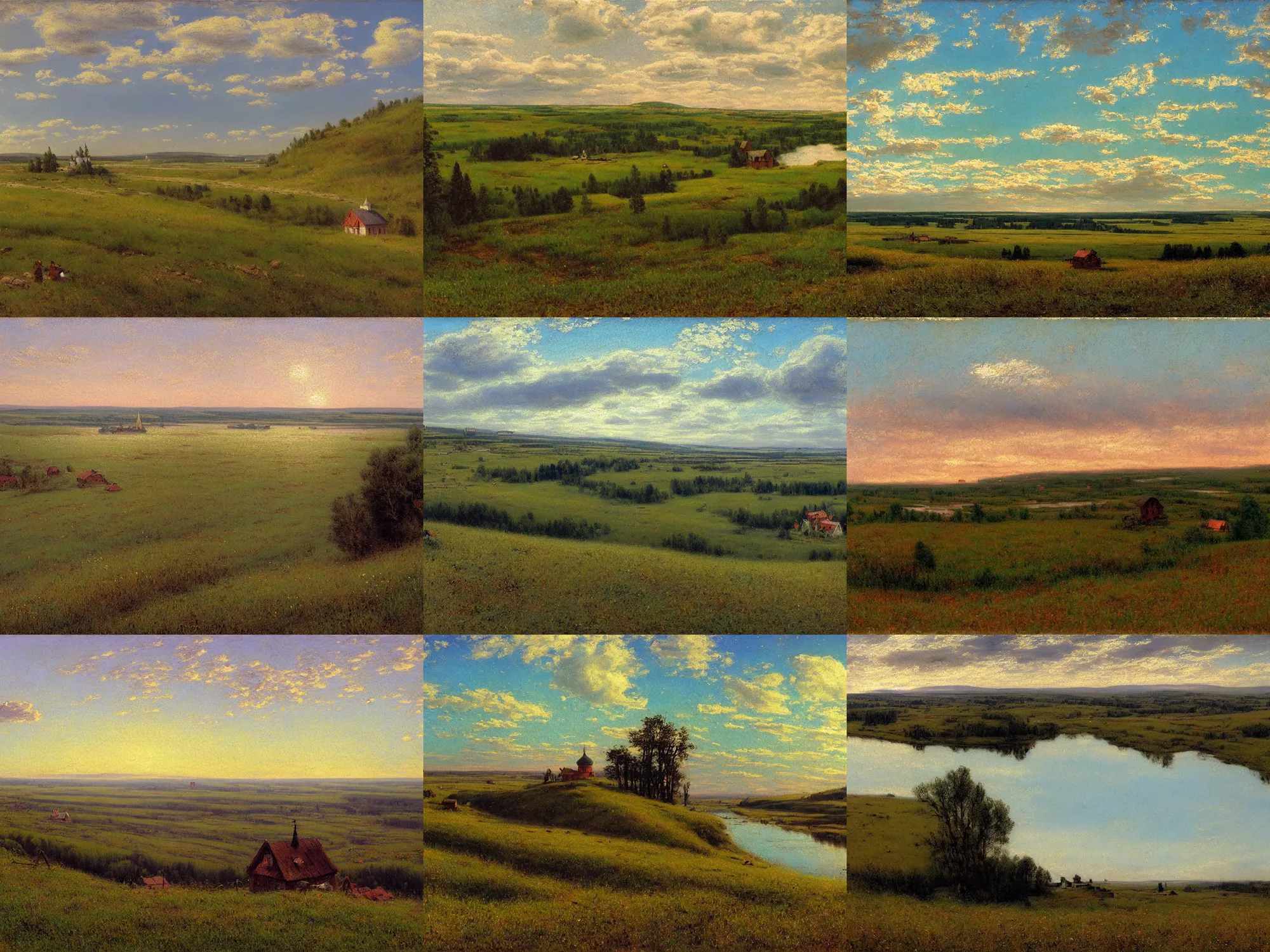 Prompt: russian academic landscape painting 1880s, wide river and tiny house on the top of the hill, epic wide sky and horzon, andrey tarkovsky, 70s, pastel colors, cinematic, ultra view angle view, 'Nad vechnim pokoem' painting in the style of isaac levitan and georgy nissky, peredvishniki