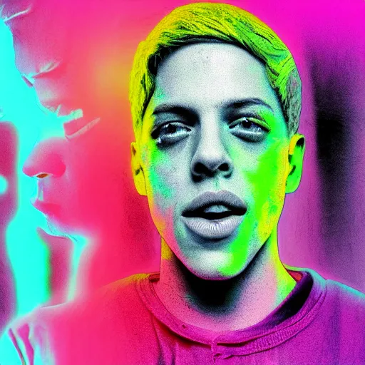 Image similar to pete davidson, illustration, spectral color, inverted colors, 4 k, sad in therapy room