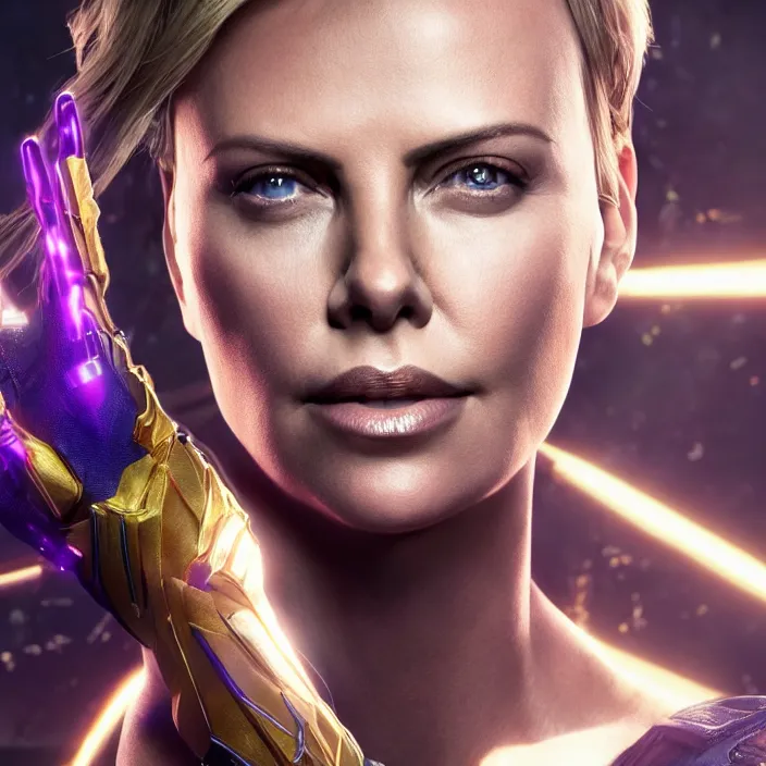 Image similar to portrait of ((Charlize Theron)), wearing The Infinity Gauntlet. SNAP. intricate artwork. octane render, trending on artstation, avengers. thanos. cinematic, hyper realism, high detail, octane render, 8k, iridescent accents