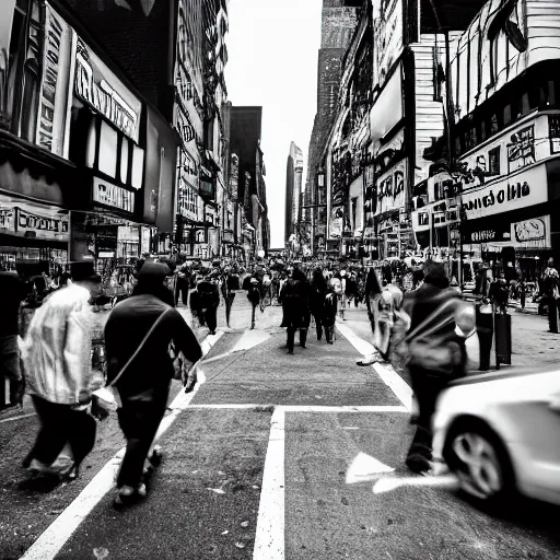 Image similar to black and white street photograph on a street in new york city on a busy day with a shattered ceramic garden gnome. 8k resolution.