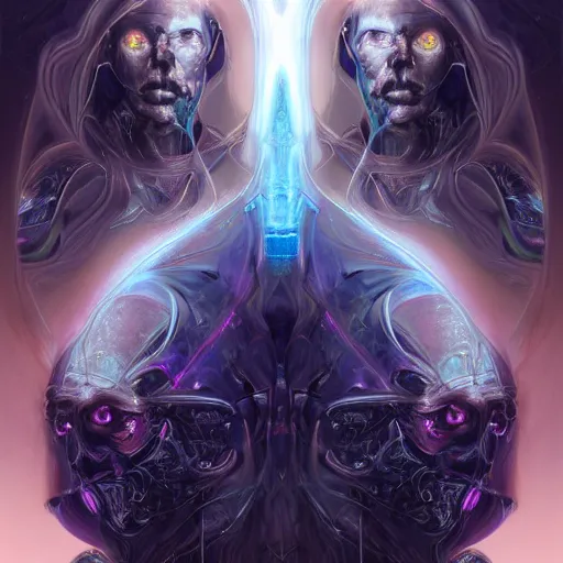 Image similar to a portrait of gemini light and dark neon cloaked grim reaper character portrait made of fractals facing each other, ultra realistic, wide angle, intricate details, the fifth element artifacts, highly detailed by peter mohrbacher, hajime sorayama, wayne barlowe, boris vallejo, aaron horkey, gaston bussiere, craig mullins