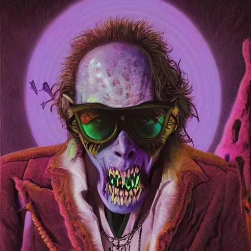 Prompt: Fear and Loathing Vampire in Wonderland, a psychedelic horror fantasy portrait by Wayne Barlowe and Beeple, vivid color, album cover,