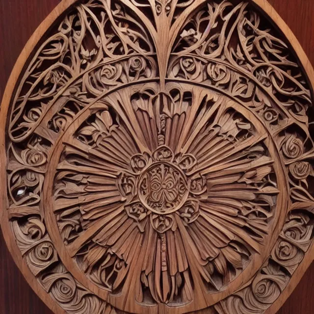 Image similar to a 3 d wooden mahogany art nouveau carved sculpture of a delicate tracery pattern, intricate and highly detailed, well - lit, ornate, realistic, polished with visible wood grain