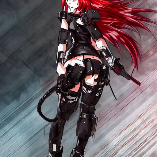 Image similar to An anime female with crimson hair, cat ears and tail, wearing an armor, drawn by Yoji Shinkawa highly detailed, trending on art station, sci-fi themed, dynamic posing