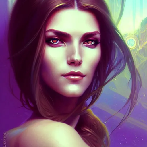 Image similar to futuristic woman portrait, sci-fi, amber eyes, face, long hair, fantasy, intricate, elegant, highly detailed, digital painting, artstation, concept art, smooth, sharp focus, illustration, art by artgerm and greg rutkowski and alphonse mucha