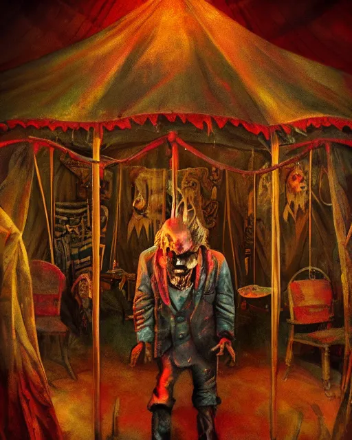 Image similar to the little circus of horrors, circus tent, clown standing at the entrance, creepy, hyper realistic, ambient lighting, horror art, intricate, hyper detailed, smooth