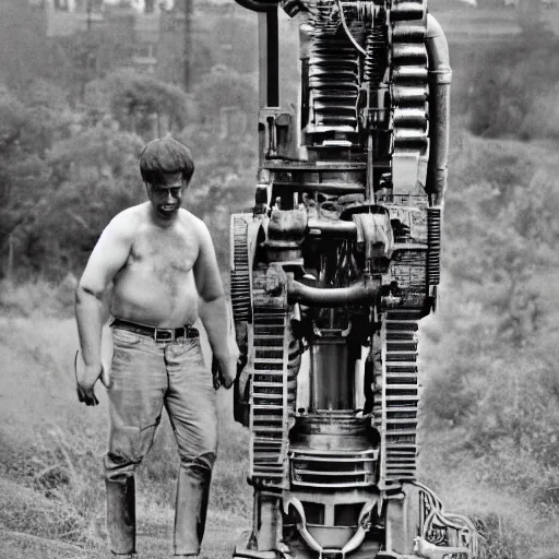 Image similar to a man with engines growing out of his back, man engine, man and machine