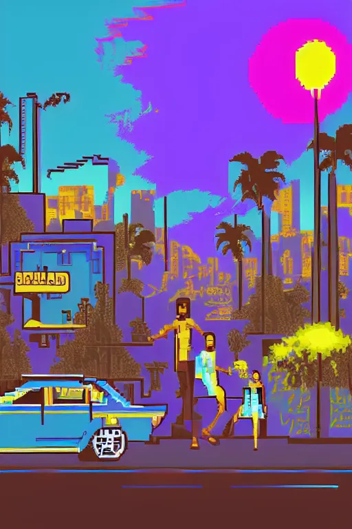 Image similar to life in the caspian hood. pixel art, gta vice city art style. borderland art style. pop art, no duplicate image, glowing lights, ultra details, digital painting, artstation, concept art, smooth, sharp focus, illustration, intecrate details, art by richard hamilton and mimmo rottela, pixels art by kirokaze and paul robertson