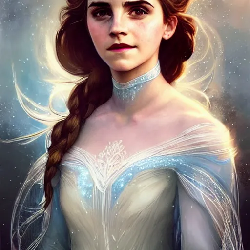 Prompt: portrait of emma watson as elsa, fantasy dress,, intricate, elegant, highly detailed, digital painting, artstation, concept art, smooth, sharp focus, illustration, art by artgerm and greg rutkowski and alphonse mucha