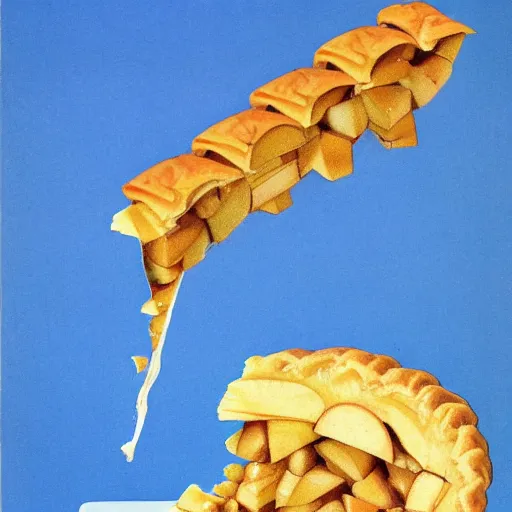 Image similar to 1 thick slice of apple pie floating on a blue background, chesley bonestell, vincent di fate