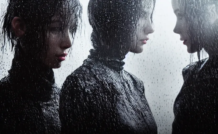 Image similar to cinestill 5 0 d candid photographic portrait by christopher nolan of two loving female androids wearing rugged black mesh techwear in treacherous waters, extreme closeup, modern cyberpunk moody emotional cinematic, pouring rain menacing lights shadows, 8 k, hd, high resolution, 3 5 mm, f / 3 2, ultra realistic faces, ex machina