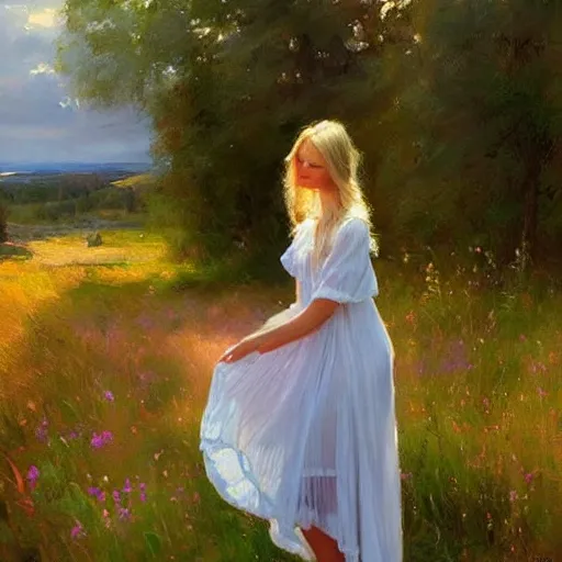 Image similar to blonde woman, nightgown, swedish countryside, archipelago, morning, masterpiece, highly detailed, beautiful, atmospheric, impressionism, painting by Vladimir Volegov