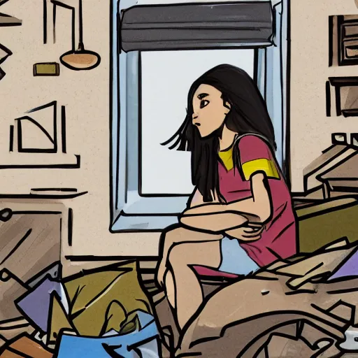 Prompt: girl looking out a window in a room full of garbage, lofi, detailed,