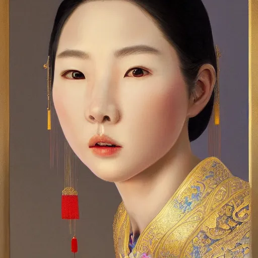 Image similar to 'hyper realism portrait of Chinese princess by Zhong, Fenghua, stunning, detailing, artstation trending, perfect lighting, golden hour'