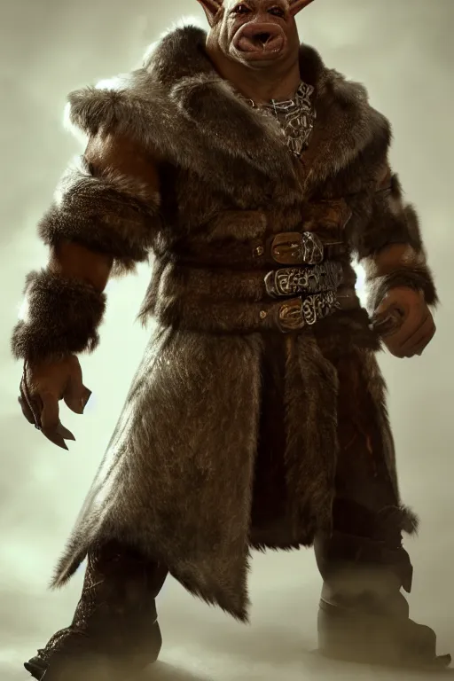 Image similar to A full body shot of a handsome orc-(((((pig))))) looking into the camera wearing a leather fur jacket and boots, full body shot, detailed face, portrait, artstation, realistic, highly detailed, symmetrical, D&D, Dungeons & Dragons, hyper realistic, dynamic pose, high detail, octane render, unreal engine, 8k, fantasy art, highly detailed, dramatic lighting, concept art