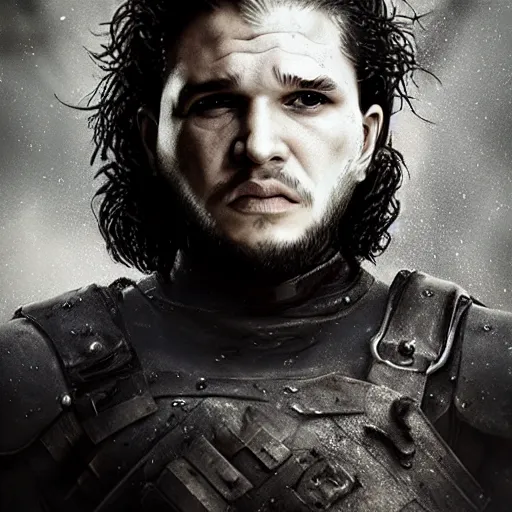 Image similar to kit harington portrait, dystopia core, apocalyptic, armor, warrior, dramatic, sharp focus, fiction, neon, fantasy, hyper detailed, digital art, trending in artstation, cinematic lighting, studio quality, smooth render, unreal engine 5 rendered, octane rendered, art style and nixeu and wlop and krenz cushart