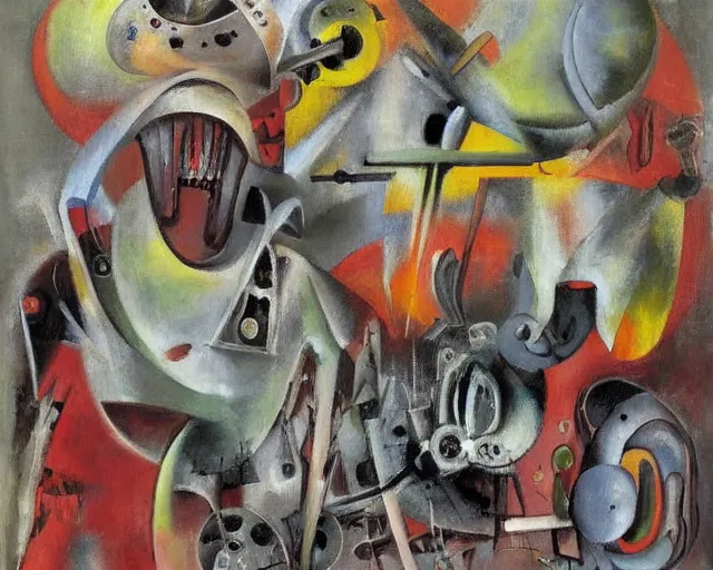 Image similar to Oil painting by Roberto Matta. Two mechanical gods with animal faces having a conversation. Oil painting by Yoshitomo Nara.