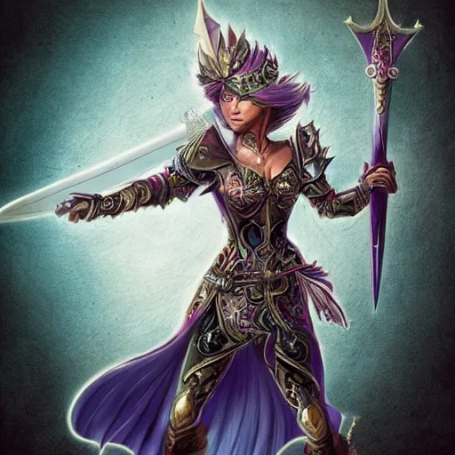 Image similar to a fantasy warrior woman with sword drawn and in hand, shield in the other hand in a heroic pose, beautiful exaggerated ornate armor with gem embedded in the center, cinematic, magical energy emanating from it, high resolution