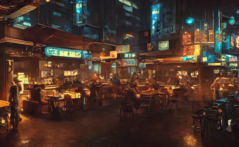 Image similar to a cozy relaxed cafe, looking out at the bustling underbelly of a thriving cyberpunk city at night, trending on cgsociety, unreal engine, 4 k wallpaper