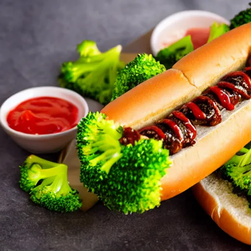 Prompt: photo shoot portrait of a delicious hot dog with broccoli and sardines, mustard, ketchup, detailed, uhd, 8k,