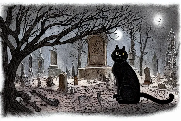 Image similar to black cat in graveyard at midnight halloween tattoo on shoulder by anton pieck, intricate, extremely detailed, digital painting, artstation concept art