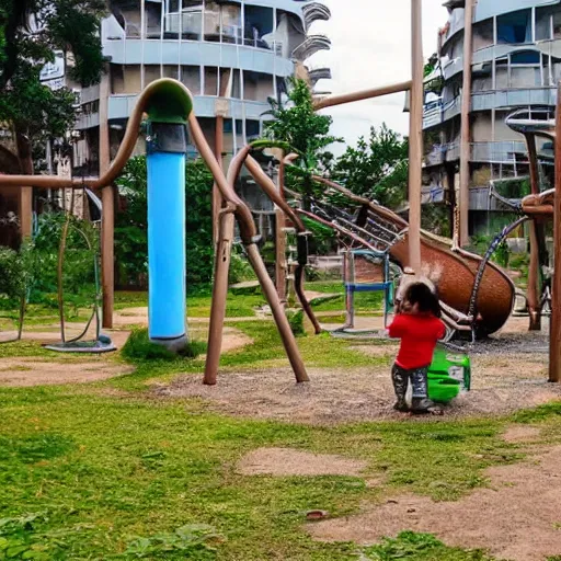 Prompt: studio ghibli post apocalyptic playground with little kids playing on it