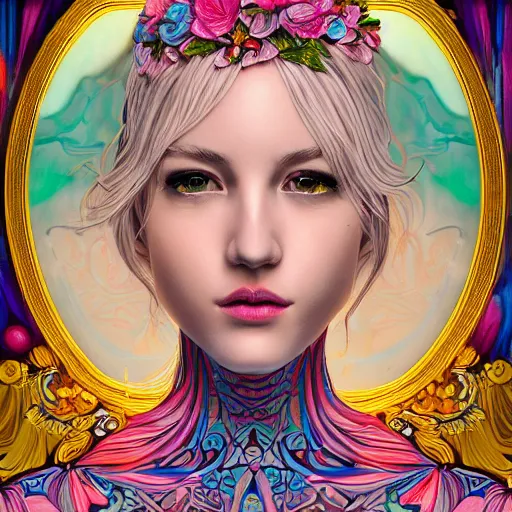 Image similar to a portrait of an incredibly beautiful, colorful, graceful, elegant, and sophisticated young blonde girl made of garlic, an ultrafine detailed illustration by james jean, intricate linework, bright colors, final fantasy, behance contest winner, vanitas, angular, altermodern, unreal engine 5 highly rendered, global illumination, radiant light, detailed and intricate environment