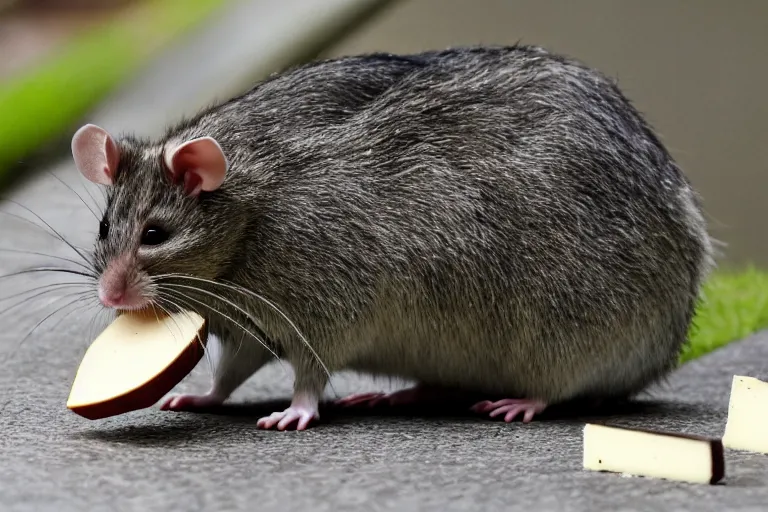 Image similar to photo, emma watson as anthropomorphic furry - rat, she is a real huge fat rat with rat body, cats! are around, eating cheese, highly detailed, intricate details