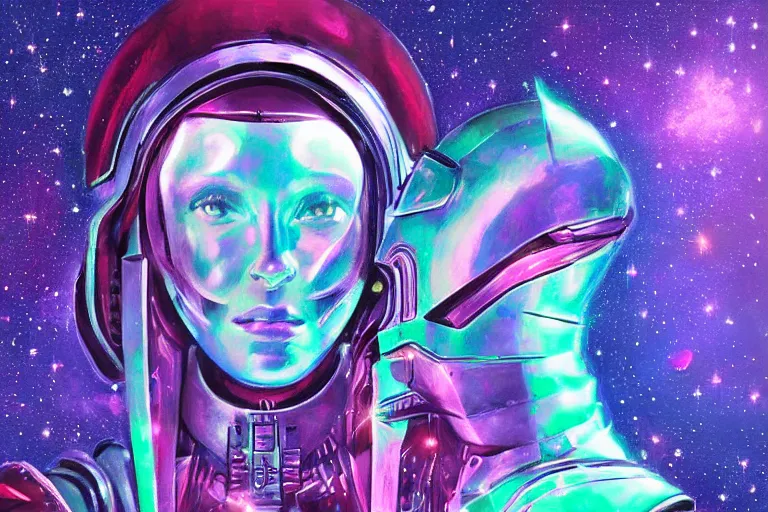 Image similar to digital art of a beautiful princess wearing suit of armor looking up at the stars, acrylic art, universe, painting, pastel colors, synthwave, retro, cyberpunk,